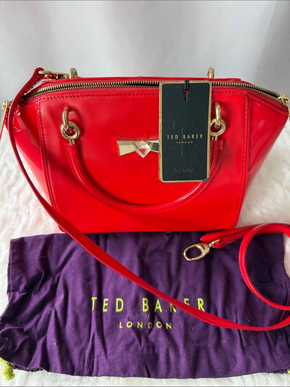 Ted Baker Petra Crystal Metal Bow Small Tote in Bright Red - Picture 10 of 17